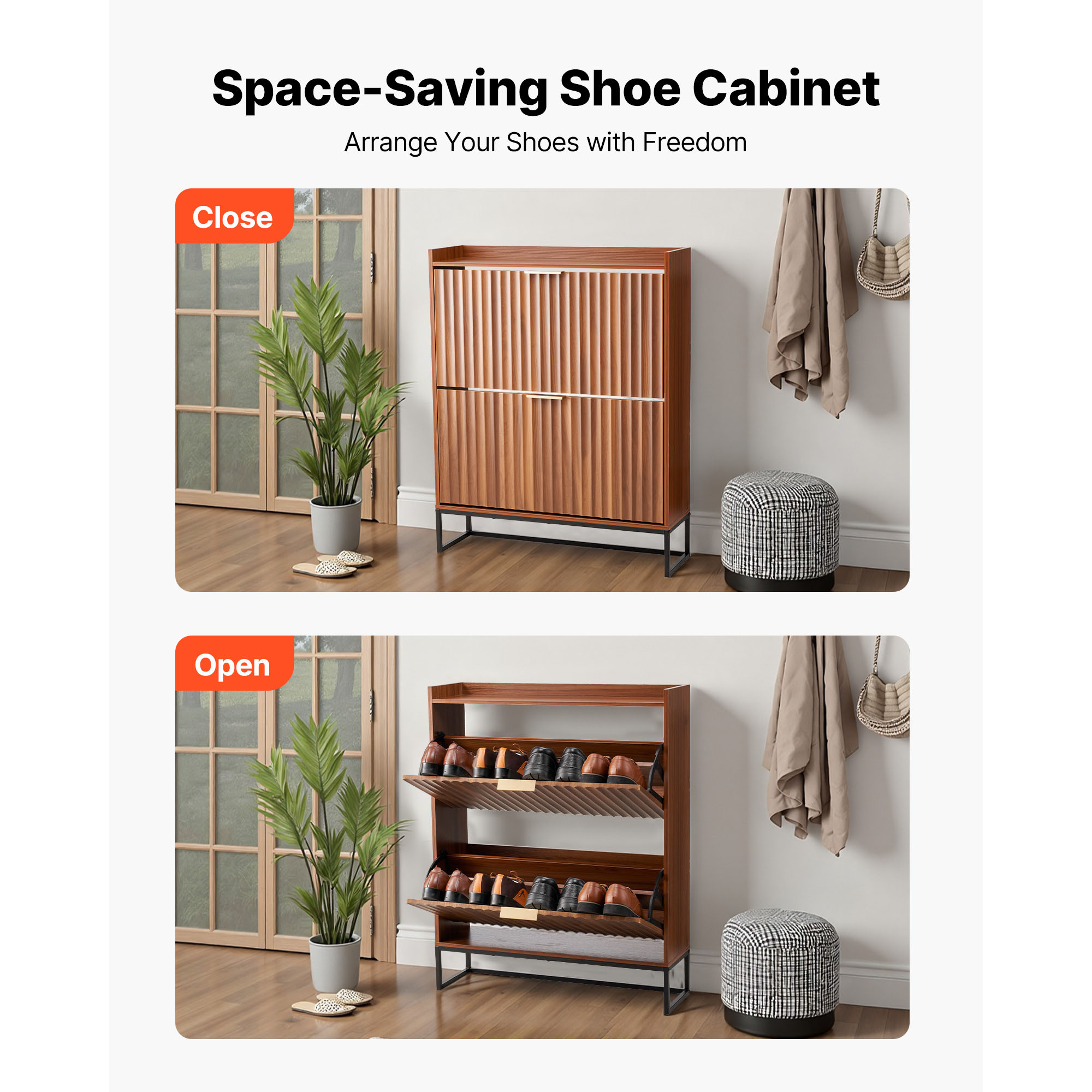 Shoe Cabinet With Flip Drawers Freestanding Fluted Walnut Wood_voghion.com